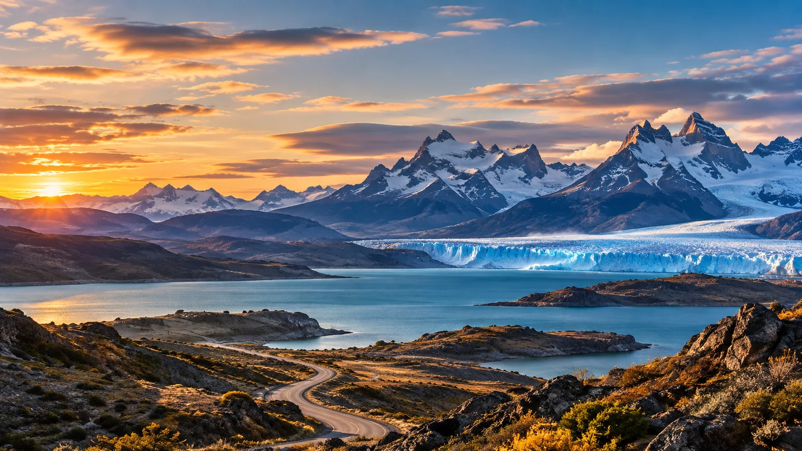Glaciar y montañas de la provincia de Santa Cruz al atardecer, con un camino de ripio en primer plano